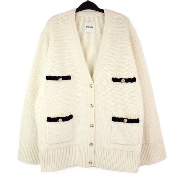 NWT Sandro Martie Cardigan in Ecru with Black Braided Velvet Trim FR Size 4/XL - Picture 1 of 16